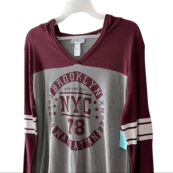 just be NYC Thermal Football Style V-neck Hooded Long Sleeve Shirt - Picture 12 of 16